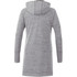 A grey women's hoodie featuring a long design and a hood, with a branding logo on the back.