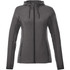 A women's grey knit jacket with a hood, featuring zippered pockets and a fitted design. It has a logo on the front.