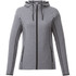 A women's grey knit jacket with a hood and black zippers, featuring side pockets and a logo.