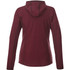 A women's knit jacket in burgundy with a hood and fitted sleeves, featuring a logo on the lower side.
