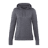 A grey women's hoodie with a drawstring hood and long sleeves, featuring a logo on the front.
