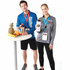 Two people wearing long-sleeve athletic tops, one in blue and one in grey, each holding a drink bottle.