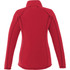 A red women's polar fleece jacket featuring a half zip design and visible stitching details. It has a logo on the back.