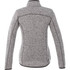 A women's grey knit jacket with a high collar and fitted design, featuring seam detailing and a logo.