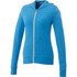 A blue women's full zip hoodie with a hood and long sleeves, featuring a logo.