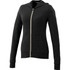 A women's full zip hoodie in dark grey with long sleeves and a hood, featuring a front pocket and a logo.