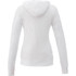 A white women's full zip hoodie with a hood and long sleeves, featuring a small logo on the back.