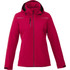 A women's fleece lined jacket in vibrant red, featuring a hood and zippered front pockets. It includes logo branding.