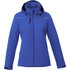 A women's blue fleece-lined jacket featuring a hood and zippered pockets, with a logo present on the garment.