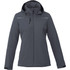 A women's fleece lined jacket in dark grey, featuring a hood and front zip with pockets. It has a logo on the sleeve.