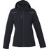 A women's black fleece lined jacket featuring a hood and zippered pockets, with a small logo on the front.