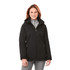 A women’s softshell jacket in black with a hood, featuring a zip front and two side pockets. It has a logo.