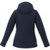 A women's softshell jacket in navy, featuring a hood and back view, with a logo on the fabric.
