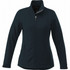 A women's softshell jacket in dark blue with a zip front and stand collar, featuring a logo.