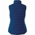 A women's insulated vest in navy blue, featuring a quilted design and a high collar. It has a brand logo.
