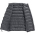 A grey women's insulated vest with an open front, featuring quilted panels and pockets. It has a logo on the interior.