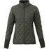 A women's insulated jacket in dark green with a quilted design, featuring front zippers and a high collar.