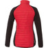 A women's jacket featuring a red insulated front and black sleeves, with a high collar and a logo.