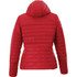 A red insulated women's jacket with a hood, featuring a quilted design and branding.