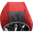 A red women's jacket featuring a grey hood and a shiny interior. The jacket has a logo on it.
