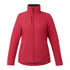 A red women's insulated puffer jacket with a high collar and zippered front, featuring two side pockets and a logo.