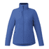 A blue insulated puffer jacket for women with a high collar and zippered pockets. Features a branding logo.