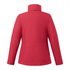 A women's insulated puffer jacket in vibrant red with a high collar and long sleeves, featuring branding on the side.