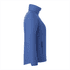 A blue women's insulated puffer jacket with a high collar and side pockets, featuring a logo.