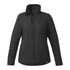 A black insulated puffer jacket for women with a zip front, high collar, and two side pockets.