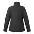 A women's insulated puffer jacket in black with a high collar and long sleeves, featuring a logo on the side.