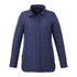 A navy insulated shacket for women, featuring a button-up front and a sleek, quilted design. It has a brand logo.