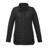 A black insulated shacket for women with a button-up front and side pockets. It features a branding logo.