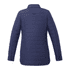 A navy insulated shacket with a structured design, featuring long sleeves and a collar, along with a logo.