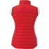 A red women's down vest with a high collar and a quilted texture, featuring a logo on the lower side.