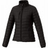 A black women's puffer jacket with a zippered front and pockets, featuring a branded logo on the sleeve.