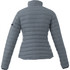 A women's puffer jacket in grey with a high collar and fitted design, featuring a logo on the sleeve.