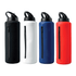 A drink bottle featuring a zippered compartment, available in black, white, blue, and red, with a logo on the cap.