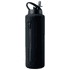 A drink bottle in black with a zippered section, featuring a spout and carrying handle. It has a logo on the body.