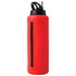 A drink bottle in vibrant red, featuring a black lid and a zippered compartment. It includes a straw for easy sipping.