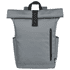 A grey roll-top backpack featuring side pockets and a front zipper pocket, with a logo on the side.