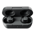 A pair of black earbuds inside a compact charging case, with a sleek design and branding.