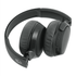 A pair of black wireless headphones with cushioned ear pads and a logo on the side. The headphones feature buttons and a charging port.