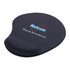 A dark grey gel mouse pad with a wrist rest, featuring a logo on the surface.