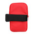 A drink bottle pouch in bright red, featuring a zip closure and a black elastic strap. It includes a logo.