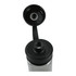 A drink bottle made from recycled R-PET, featuring a black cap and a clear body, showcasing a removable lid.