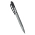 A plastic ballpoint pen in grey with a clip and a branding logo on the barrel.