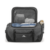 A grey duffel backpack opened to reveal neatly folded clothes and a drink bottle inside. It features a logo on the front.