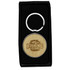 A circular keyring made of recycled zinc alloy with a bamboo disc, presented in a black box.