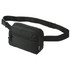 A black recycled sport bum bag with two zippered compartments and an adjustable strap. It features a logo.