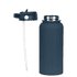 A drink bottle in navy blue with a rubber-coated finish and a silver screw top. It includes a straw attachment.